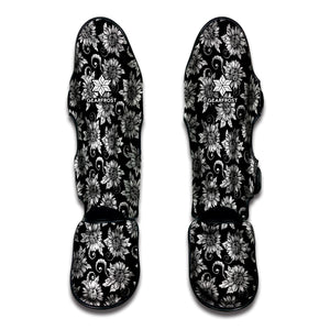 Black And White Vintage Sunflower Print Muay Thai Shin Guard