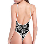 Black And White Vintage Sunflower Print One Piece High Cut Swimsuit