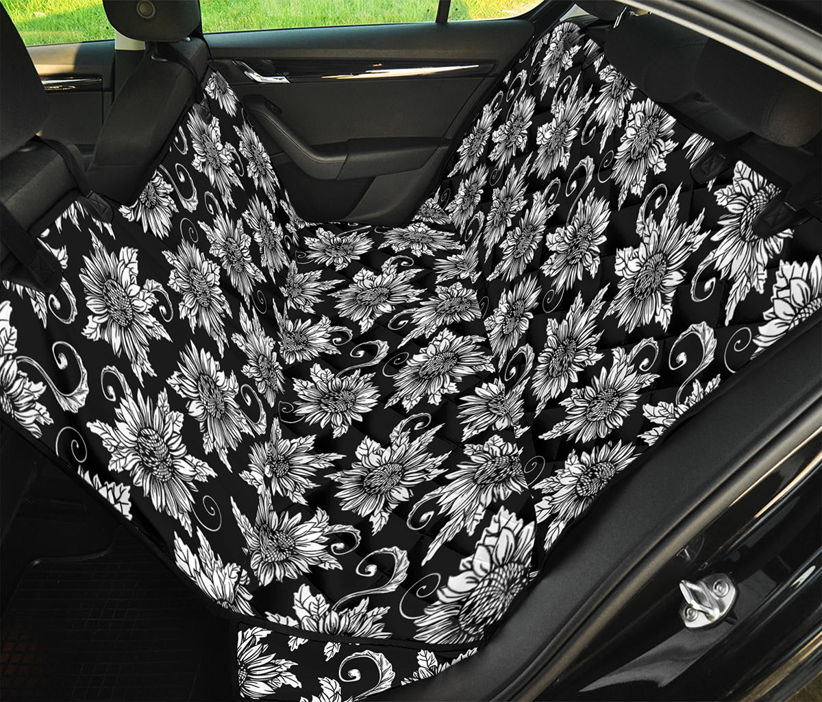 Black And White Vintage Sunflower Print Pet Car Back Seat Cover