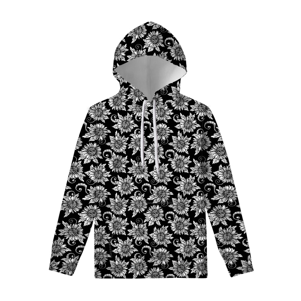 Black And White Vintage Sunflower Print Pullover Hoodie