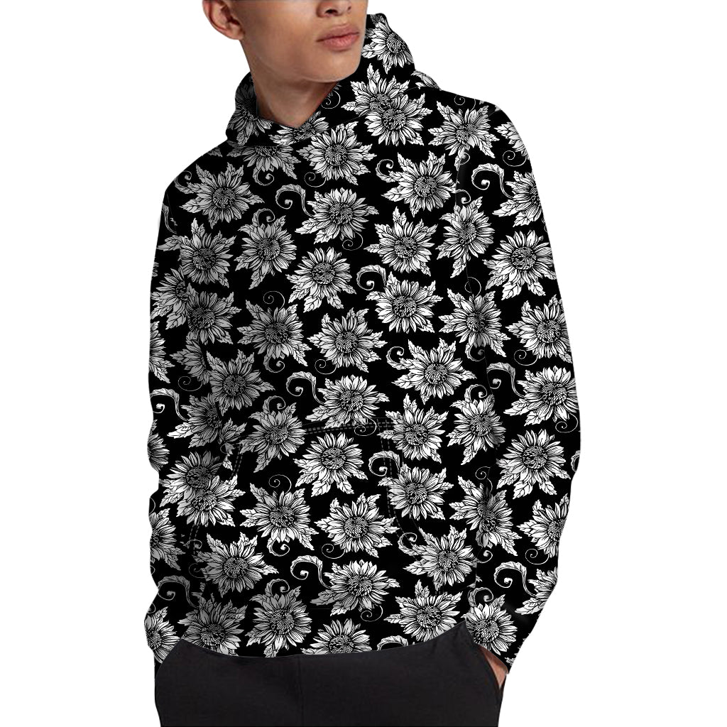 Black And White Vintage Sunflower Print Pullover Hoodie