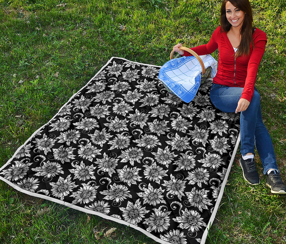 Black And White Vintage Sunflower Print Quilt