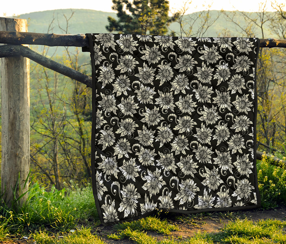 Black And White Vintage Sunflower Print Quilt
