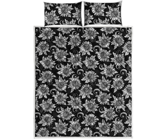 Black And White Vintage Sunflower Print Quilt Bed Set