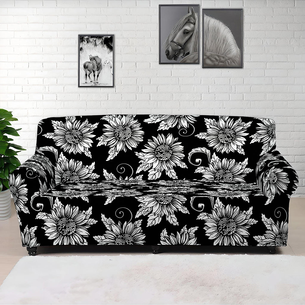 Black And White Vintage Sunflower Print Sofa Cover