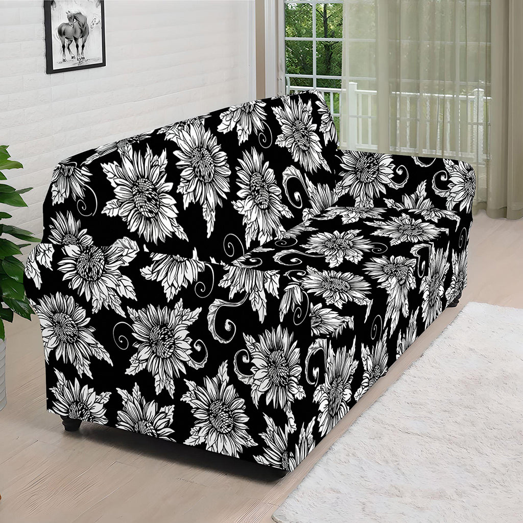 Black And White Vintage Sunflower Print Sofa Cover