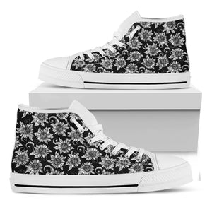 Black And White Vintage Sunflower Print White High Top Shoes