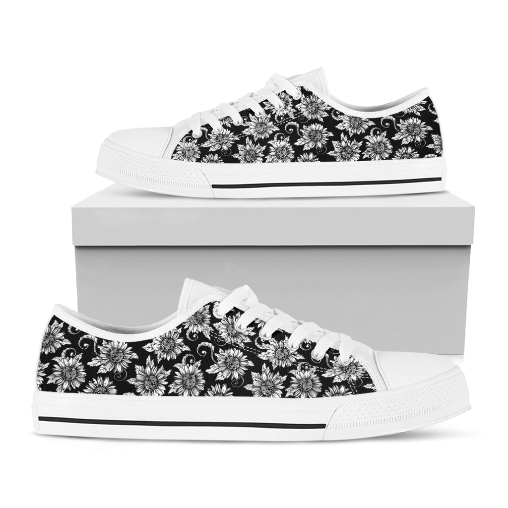 Black And White Vintage Sunflower Print White Low Top Shoes