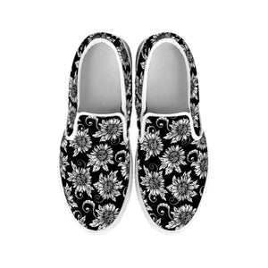 Black And White Vintage Sunflower Print White Slip On Shoes