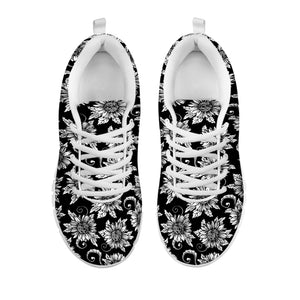 Black And White Vintage Sunflower Print White Sneakers