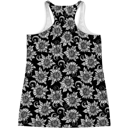 Black And White Vintage Sunflower Print Women's Racerback Tank Top