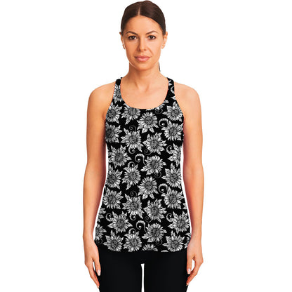 Black And White Vintage Sunflower Print Women's Racerback Tank Top