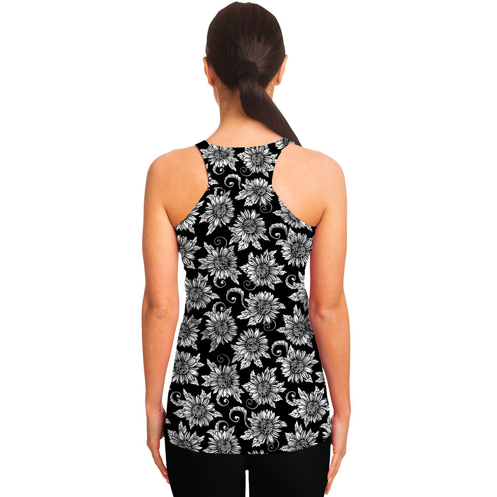 Black And White Vintage Sunflower Print Women's Racerback Tank Top