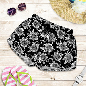 Black And White Vintage Sunflower Print Women's Shorts