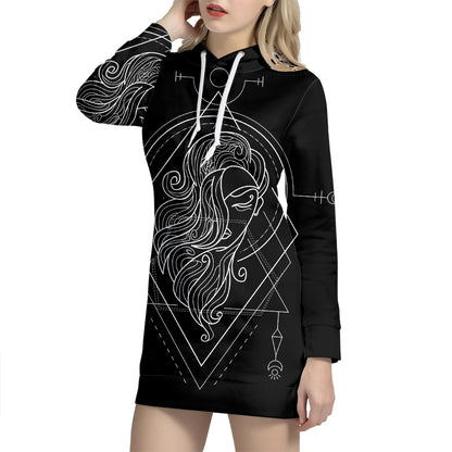 Black And White Virgo Sign Print Pullover Hoodie Dress