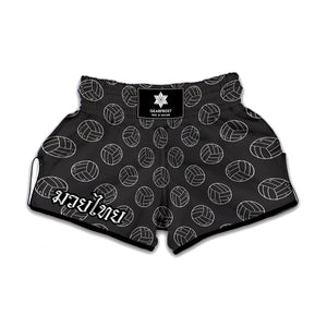 Black And White Volleyball Pattern Print Muay Thai Boxing Shorts