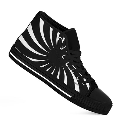 Black And White Vortex Swirl Print Black High Top Shoes