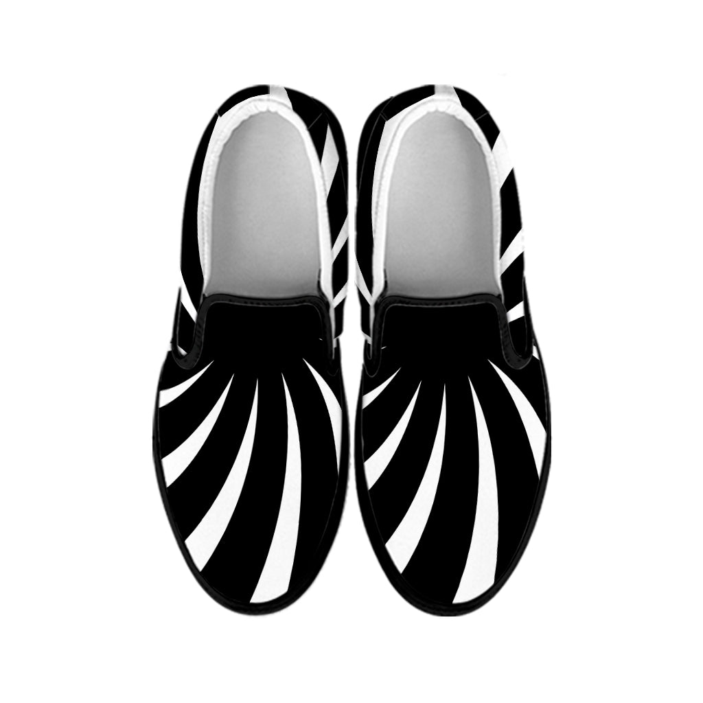 Black And White Vortex Swirl Print Black Slip On Shoes
