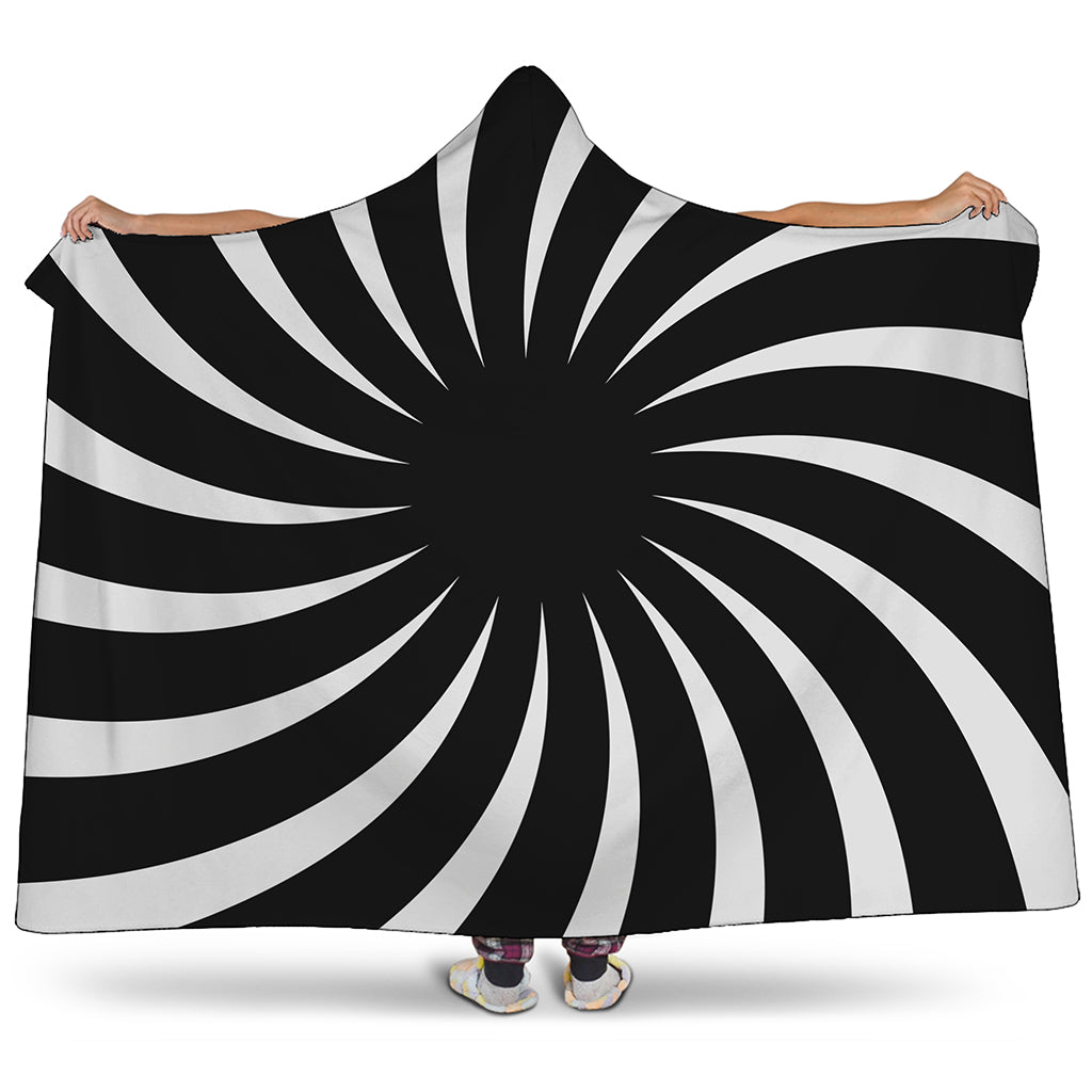 Black And White Vortex Swirl Print Hooded Blanket