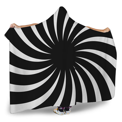 Black And White Vortex Swirl Print Hooded Blanket