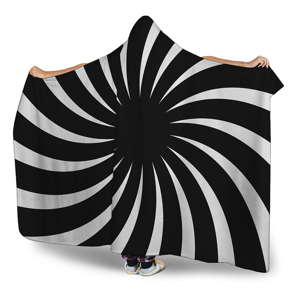 Black And White Vortex Swirl Print Hooded Blanket