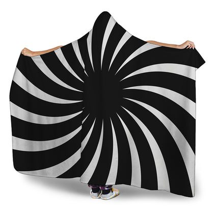 Black And White Vortex Swirl Print Hooded Blanket
