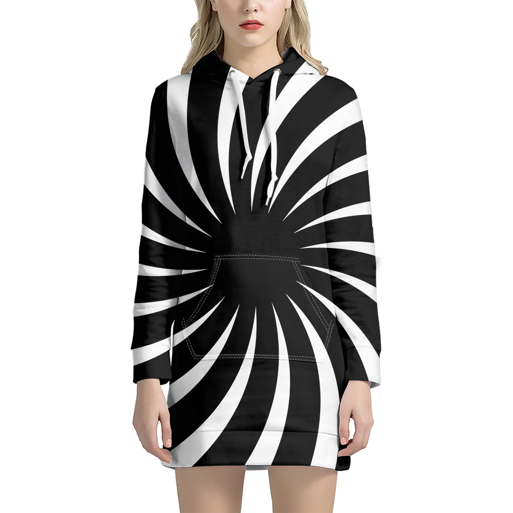 Black And White Vortex Swirl Print Hoodie Dress
