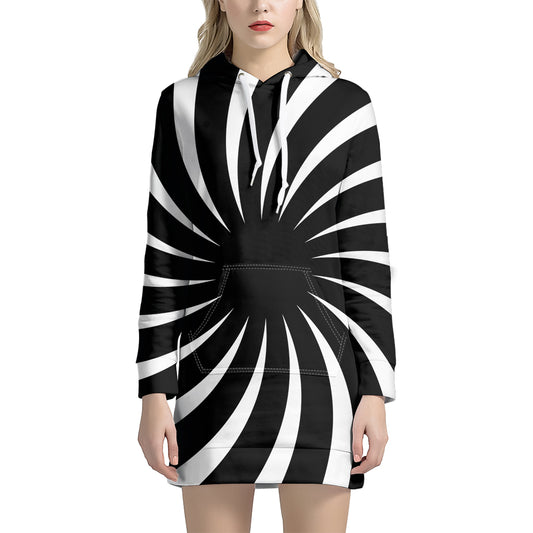Black And White Vortex Swirl Print Hoodie Dress
