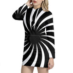 Black And White Vortex Swirl Print Hoodie Dress