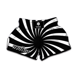 Black And White Vortex Swirl Print Muay Thai Boxing Shorts