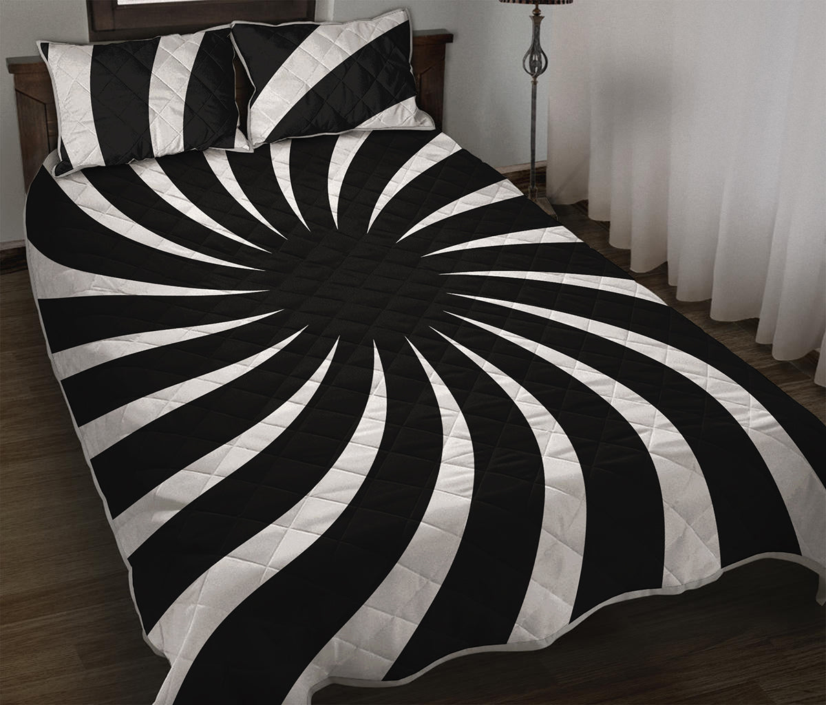 Black And White Vortex Swirl Print Quilt Bed Set