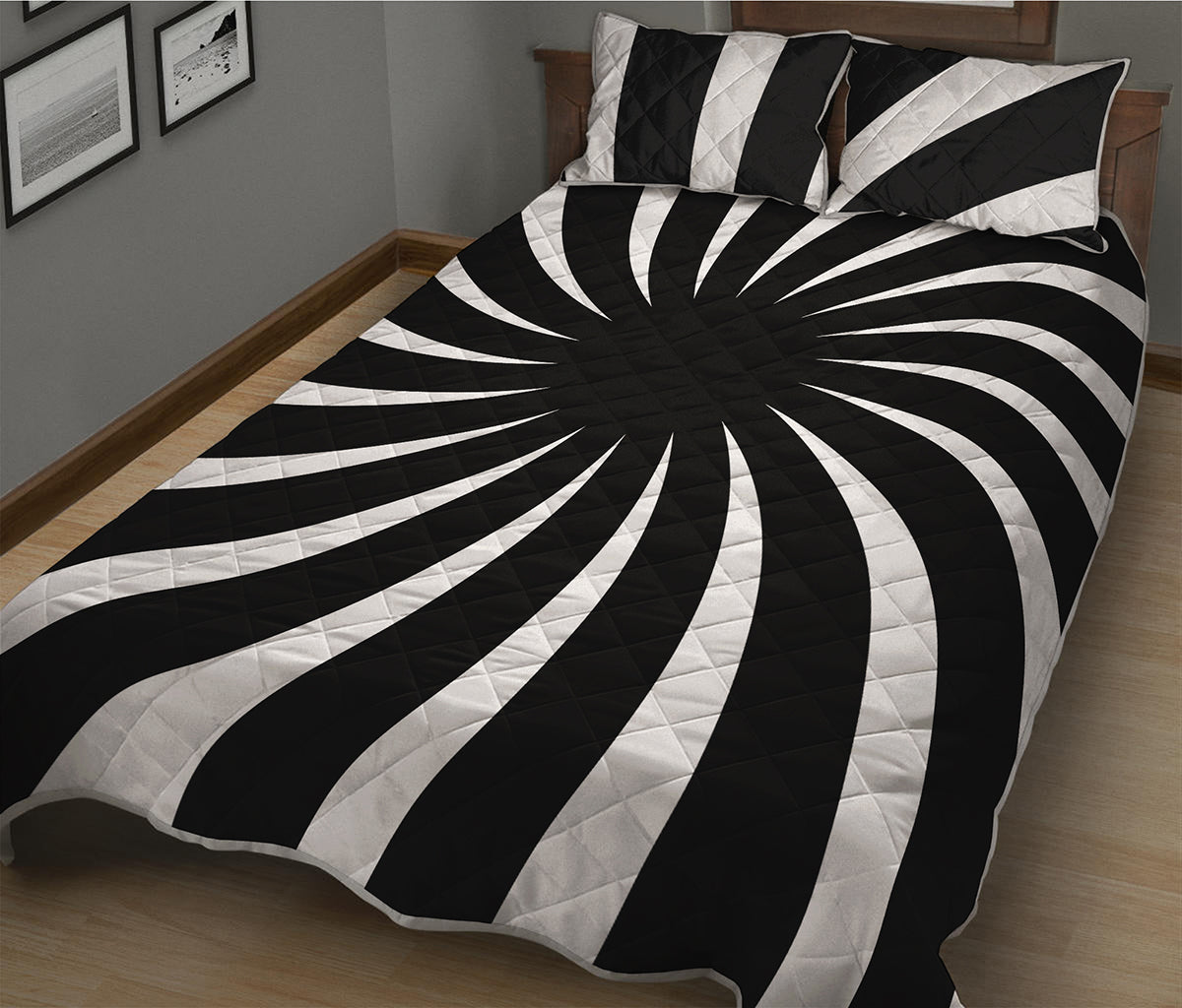Black And White Vortex Swirl Print Quilt Bed Set