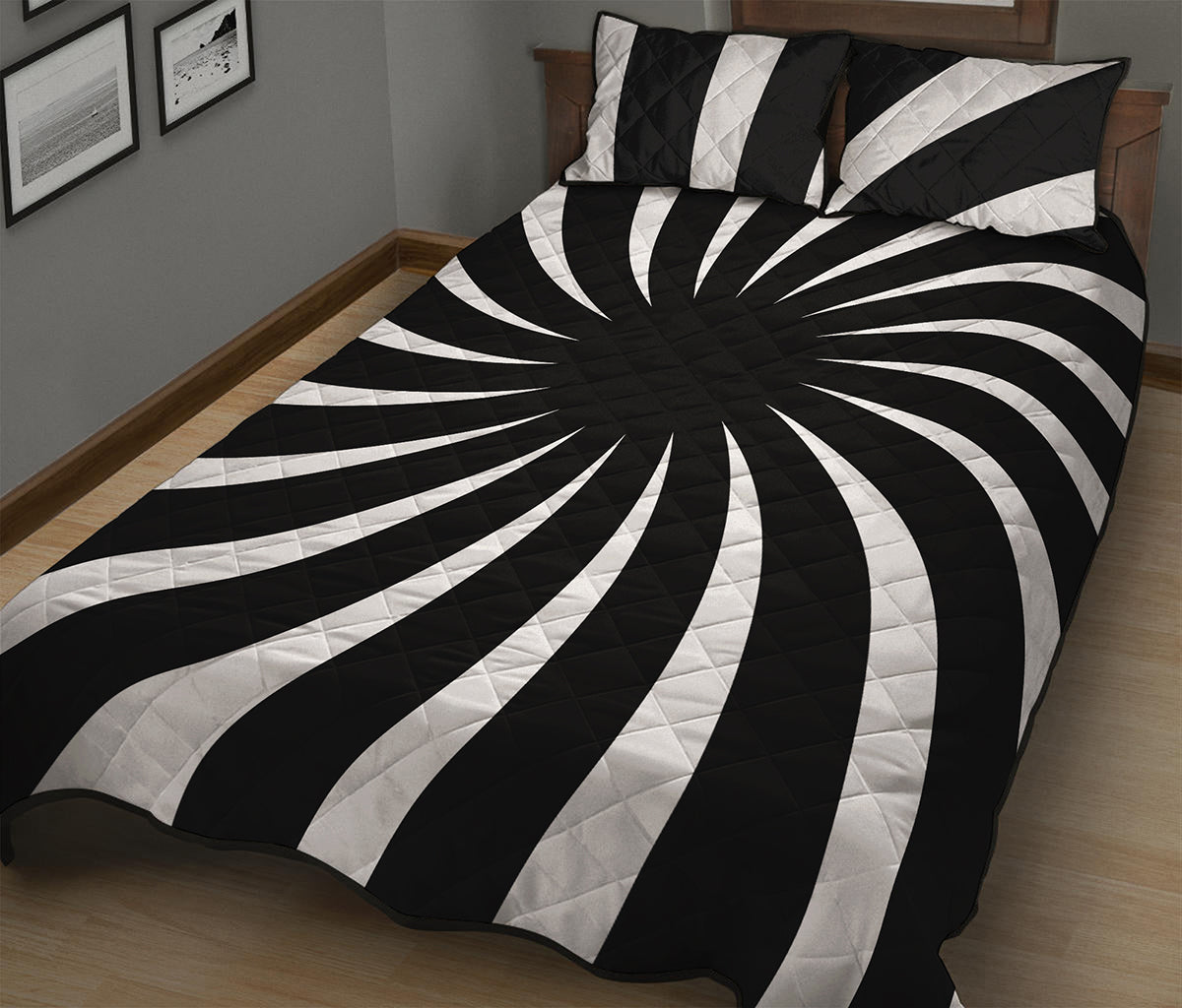 Black And White Vortex Swirl Print Quilt Bed Set