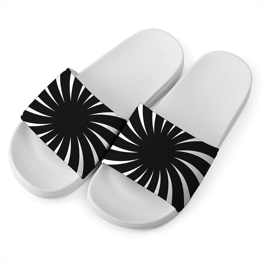 Black And White Vortex Swirl Print White Slide Sandals