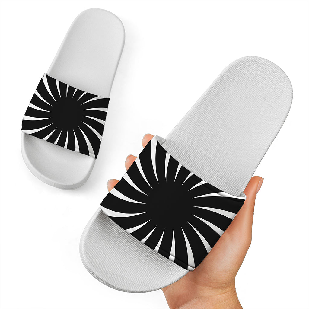 Black And White Vortex Swirl Print White Slide Sandals