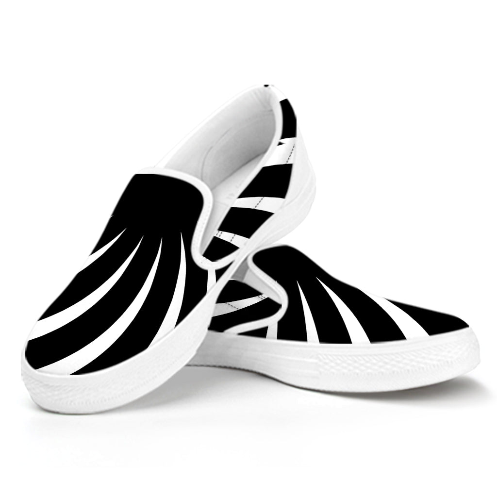 Black And White Vortex Swirl Print White Slip On Shoes
