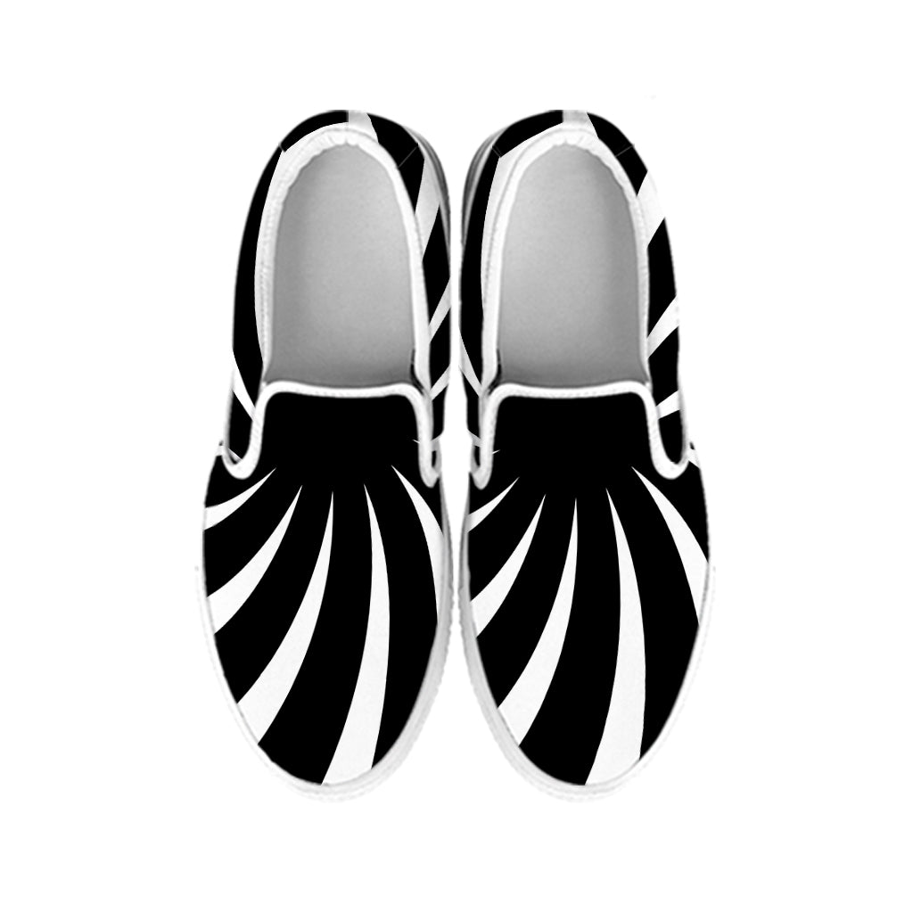 Black And White Vortex Swirl Print White Slip On Shoes