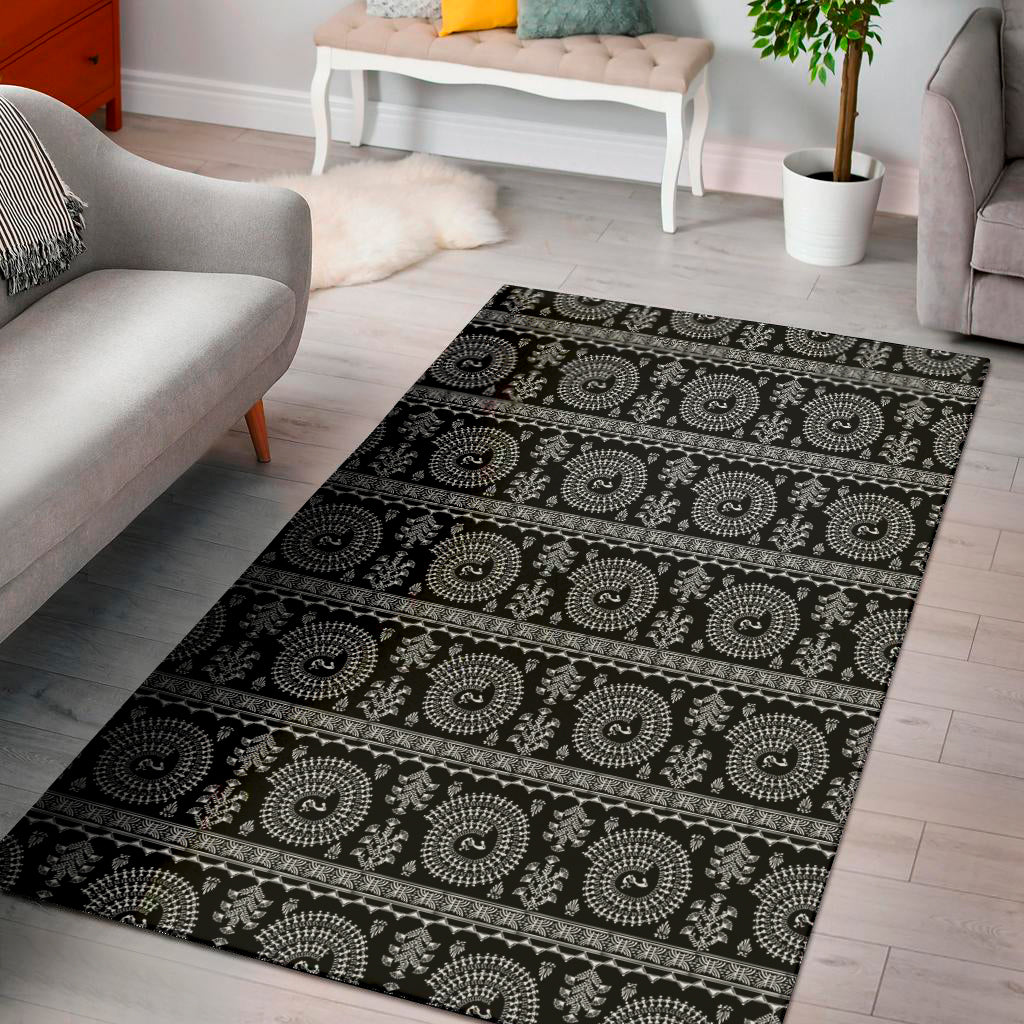 Black And White Warli Tribal Print Area Rug