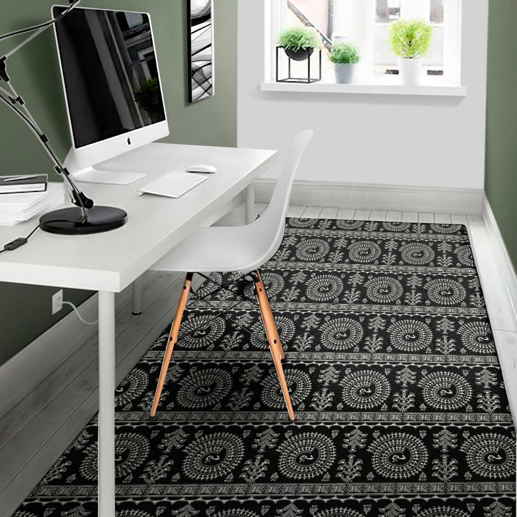 Black And White Warli Tribal Print Area Rug