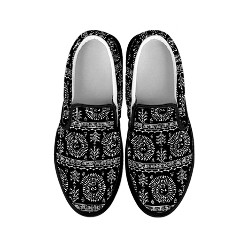 Black And White Warli Tribal Print Black Slip On Shoes