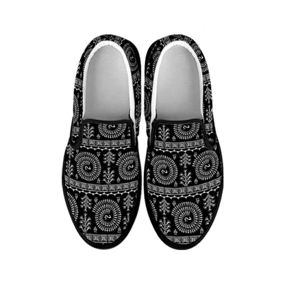 Black And White Warli Tribal Print Black Slip On Shoes