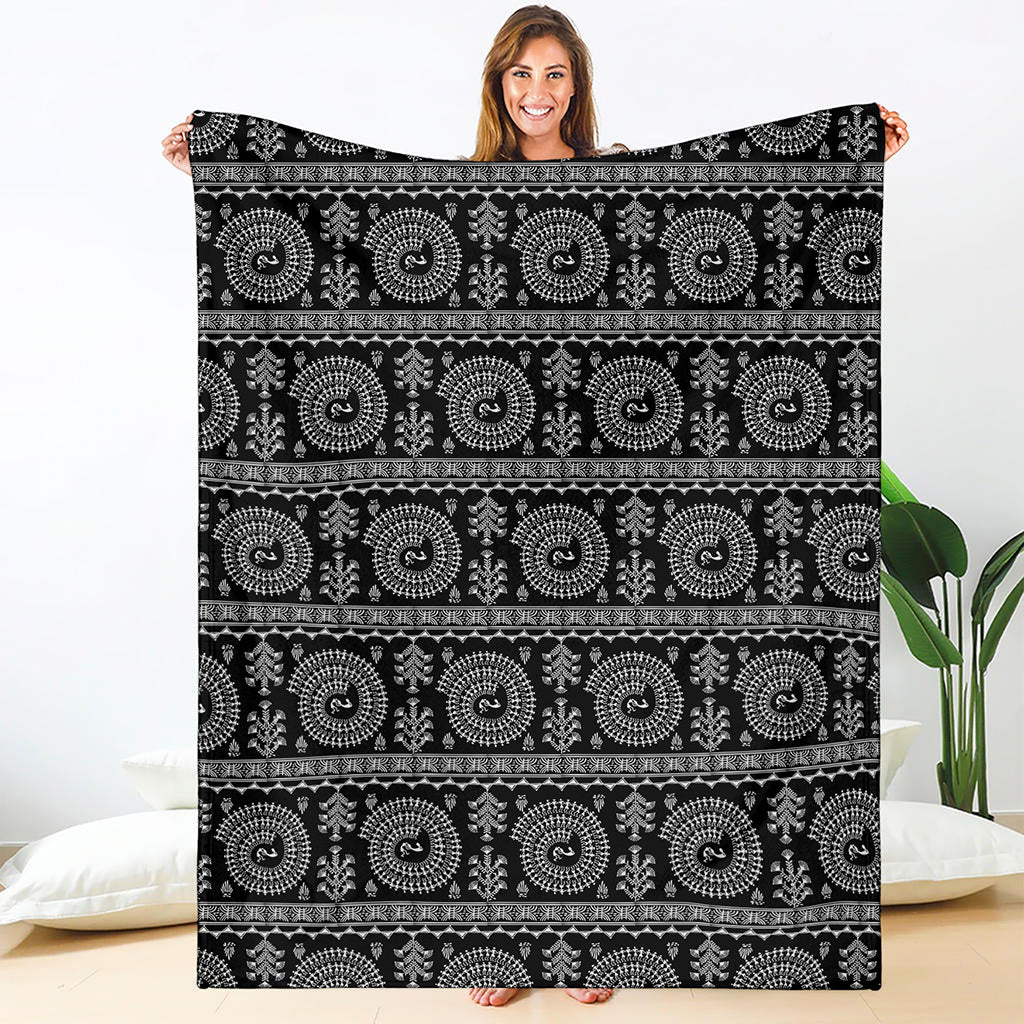 Black And White Warli Tribal Print Blanket