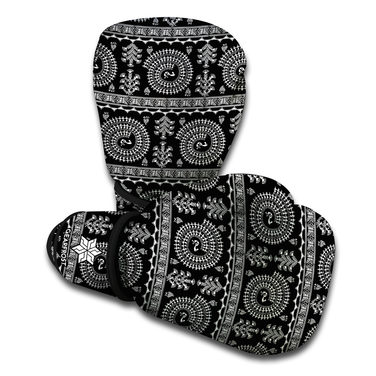 Black And White Warli Tribal Print Boxing Gloves
