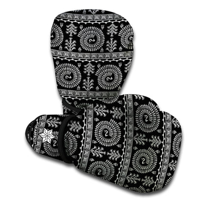 Black And White Warli Tribal Print Boxing Gloves