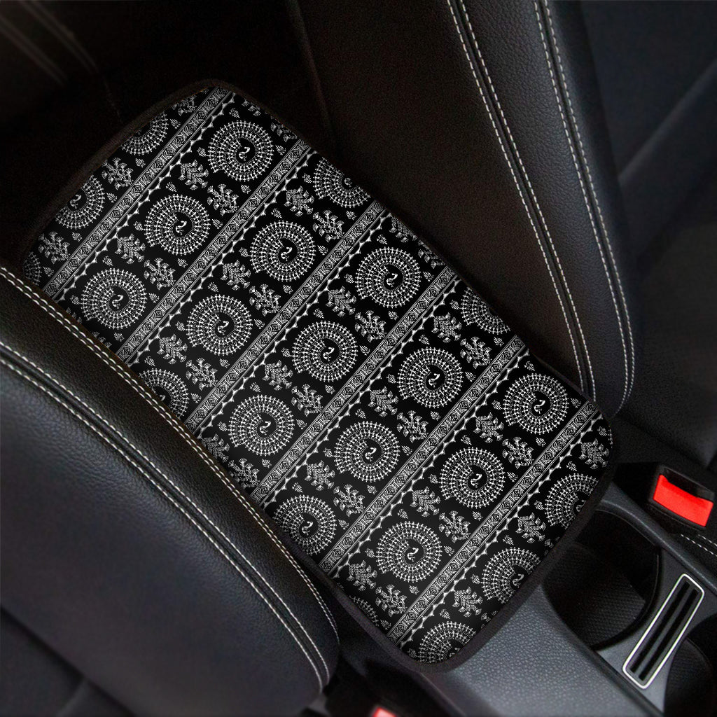 Black And White Warli Tribal Print Car Center Console Cover