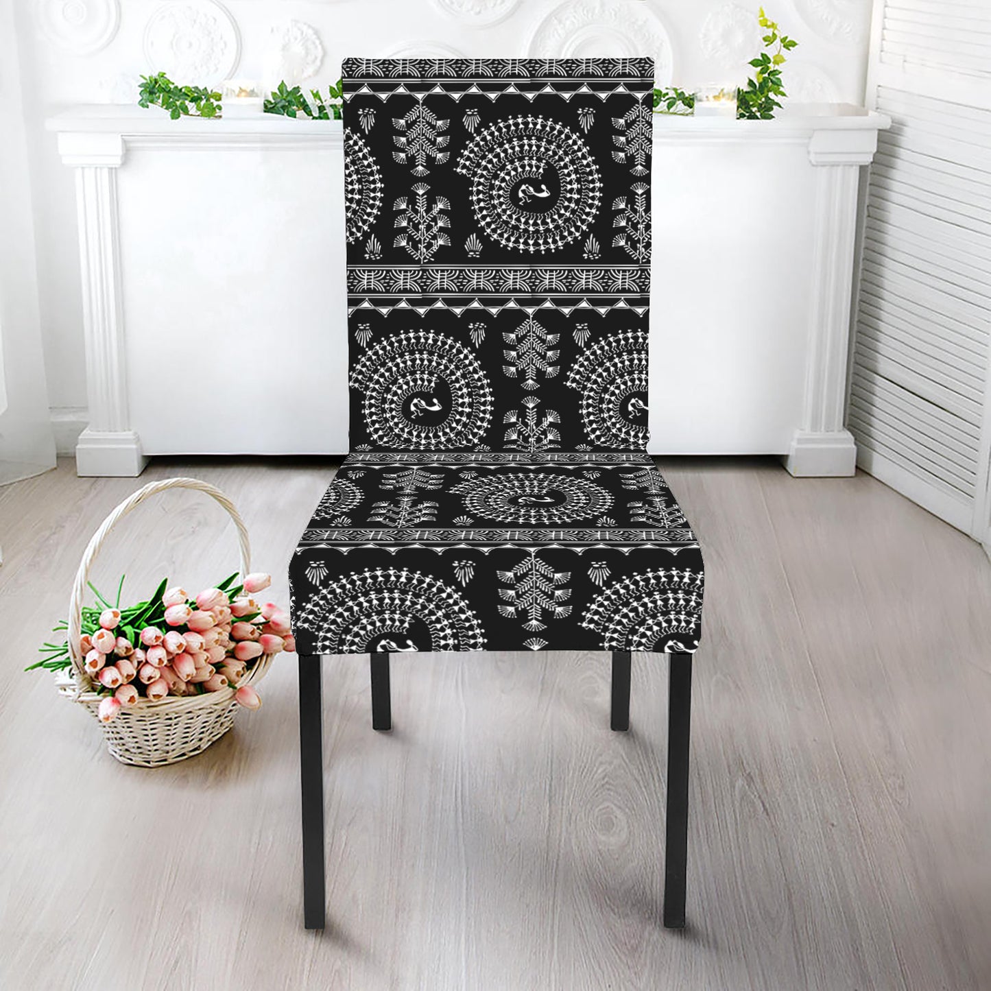 Black And White Warli Tribal Print Dining Chair Slipcover