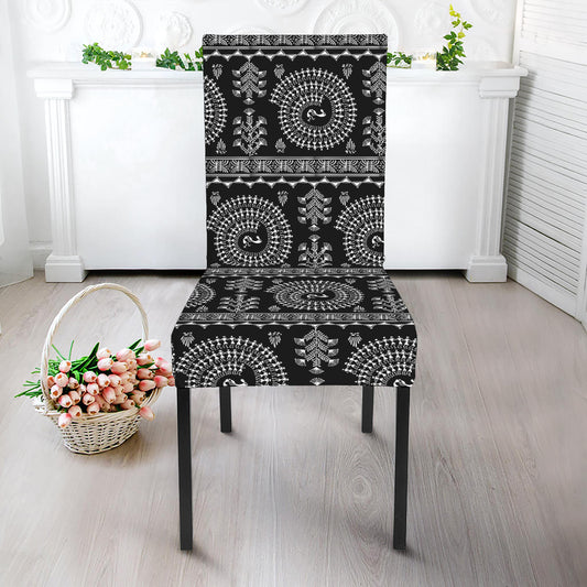 Black And White Warli Tribal Print Dining Chair Slipcover