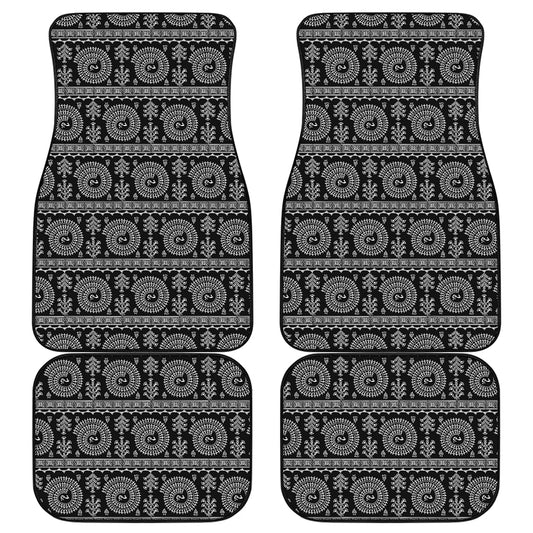 Black And White Warli Tribal Print Front and Back Car Floor Mats