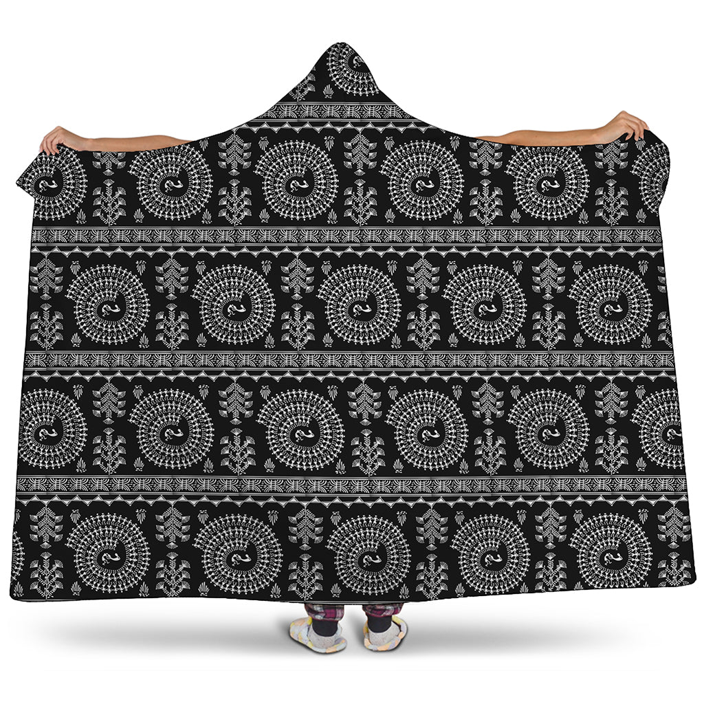 Black And White Warli Tribal Print Hooded Blanket