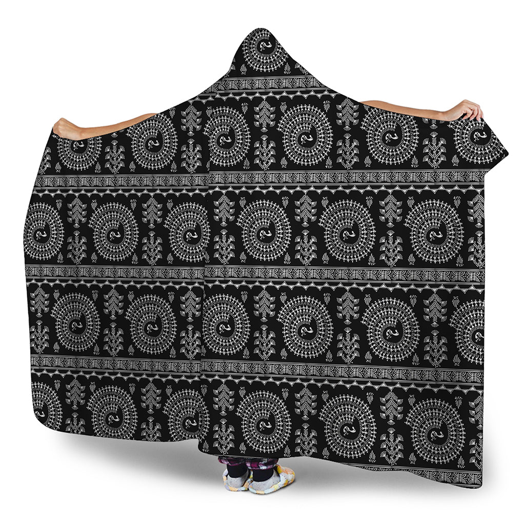 Black And White Warli Tribal Print Hooded Blanket